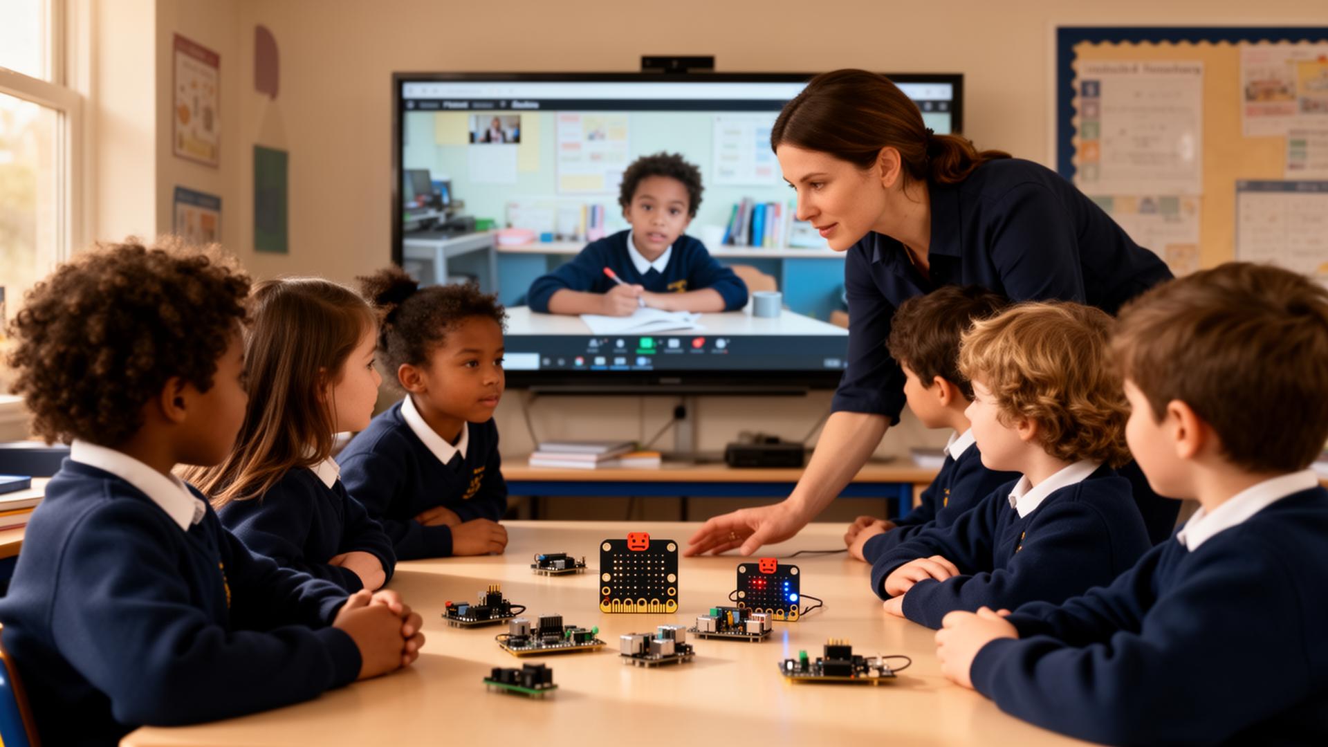 A teacher guiding primary students gathered around a screen during a live STEM lesson, with Micro:bit boards on the desk.